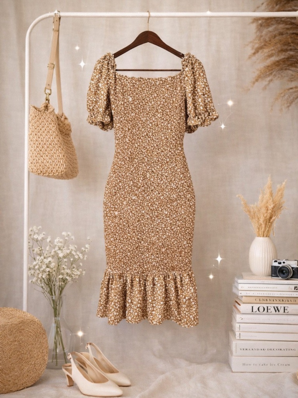 Prettygarden Smocked Floral Midi Dress XL Puff Sleeve Cottagecore Brown - Picture 11 of 12